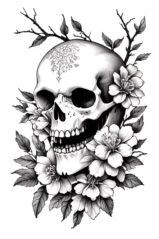 Bird Skull And Dead Branch With Flowers