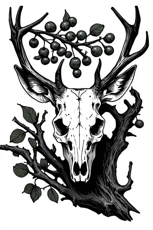 Deer Skull And Dead Branch With Berries