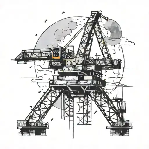 A Black-grey Tattoo Of A Construction Crane Reaching Towards A Galaxy