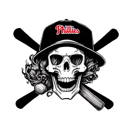 Skull With A Black Phillies Hat On Top