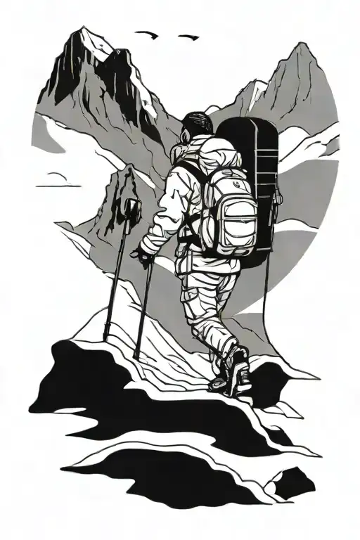 A Hiker Trekking Through A Snowy Mountain Range With A Snowboard Strapped To Their Back