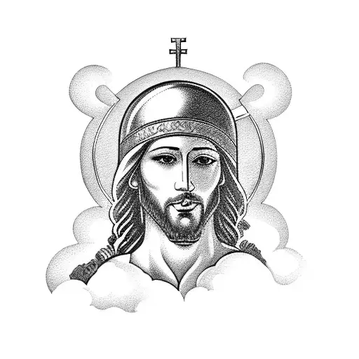 A Blackwork Tattoo Of Jesus Holding A Holly Cross Surrounded By Clouds
