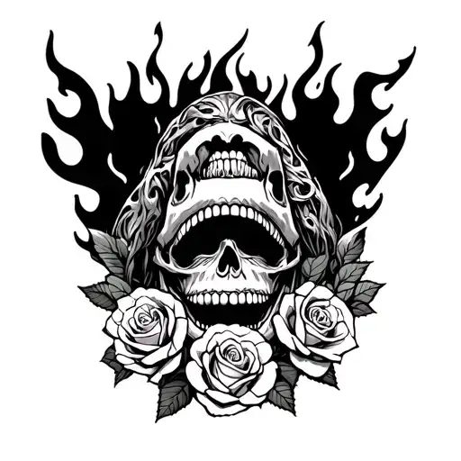 Parkway Drive Logo In The Open Mouth Of A Skull Surrounded By Roses And Flames
