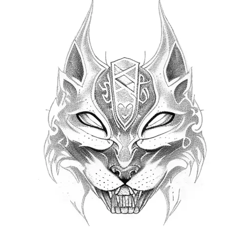Detailed Blackwork Tattoo Of Rengar's Iconic Mask Combined With A Cat Silhouette