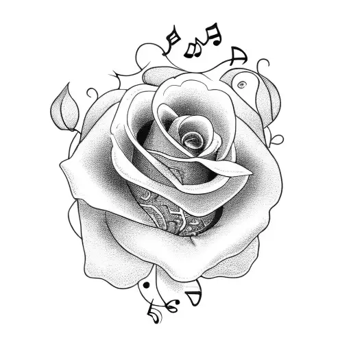 A Blackwork Tattoo Featuring A Rose Intertwined With Musical Notes