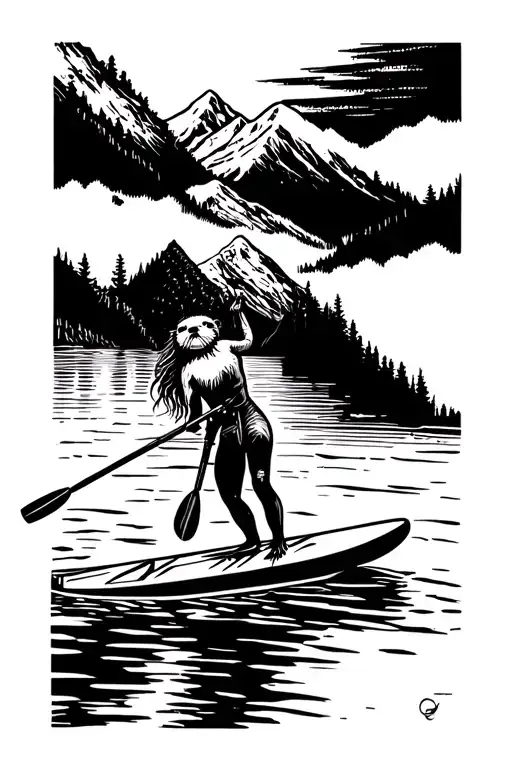 River Otter Playing In River With Woman On Paddleboard And Mountains