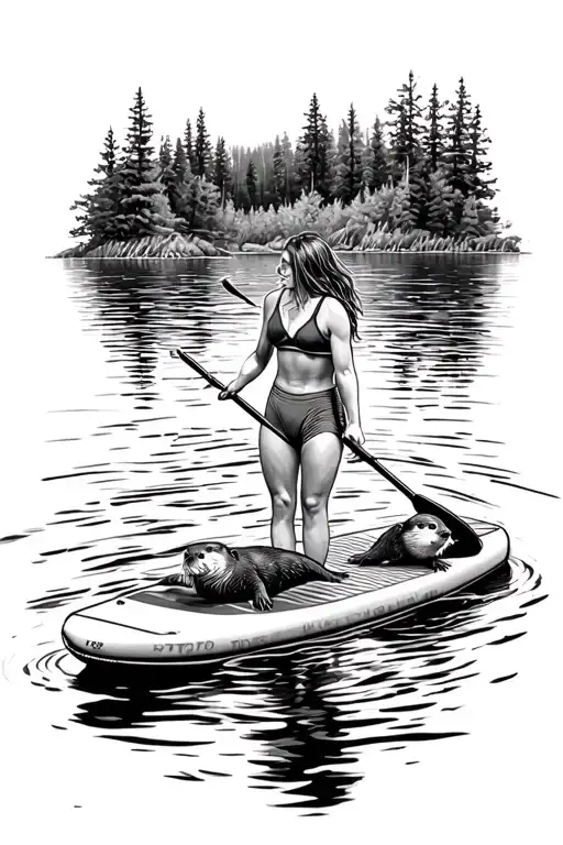 Woman On Paddleboard With Otter Swimming In River