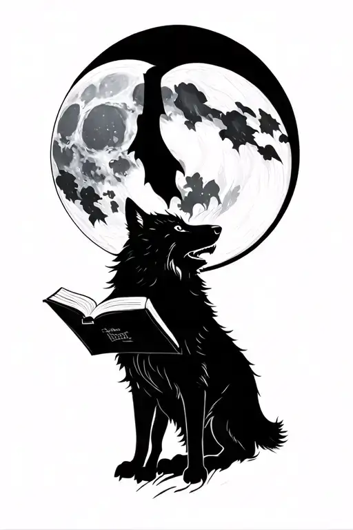 A Silhouette Of A Wolf Howling At The Moon With A Book In Its Mouth