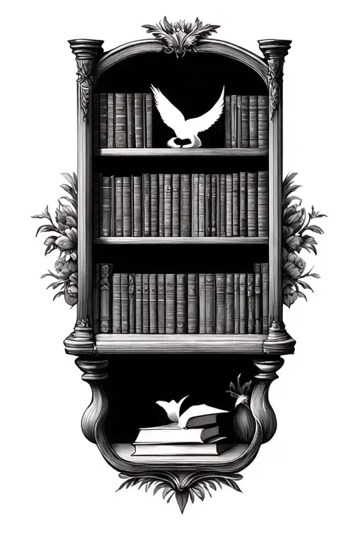 A Bookshelf Tattoo With Each Book Representing A Different Mythical Being