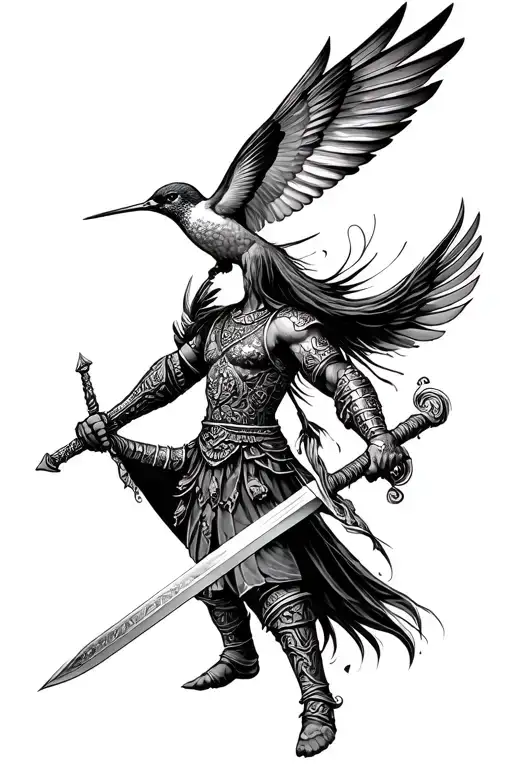 Warrior Holding Sword With A Humming Bird Flying