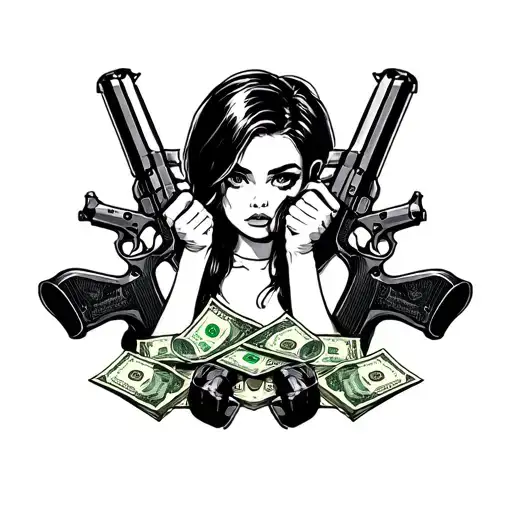 Girl Gang Tattoo With Guns And Money Drugs And