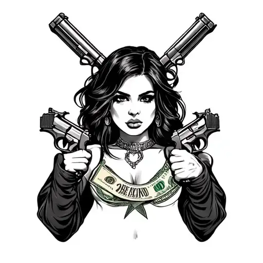 Girl Gang Tattoo With Guns And Money Drugs And Big Chest