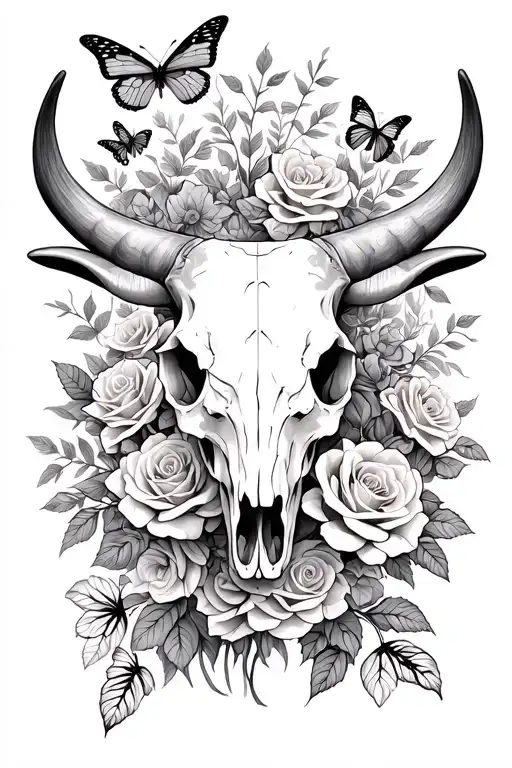 A Majestic Longhorn Skull Surrounded By A Field Of Vibrant Roses And Butterflies