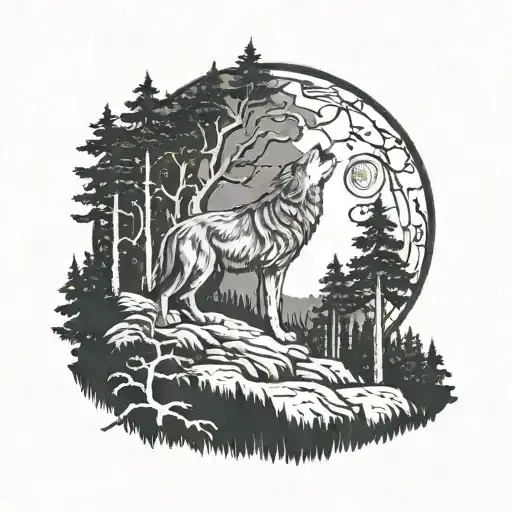 A Mystical Wolf Howling At The Moon In A Forest Setting
