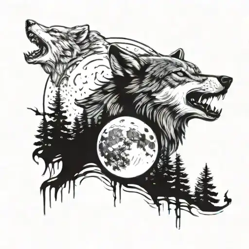A Wolf Pack Howling At The Moon On A Forest-covered Arm Sleeve