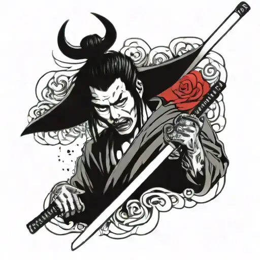 A Samurai Holding A Katana With An Oni Mark With His Eye Dripping Blood