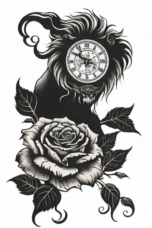 Lion Face With Clock Melting With Blue Eyes And Rose