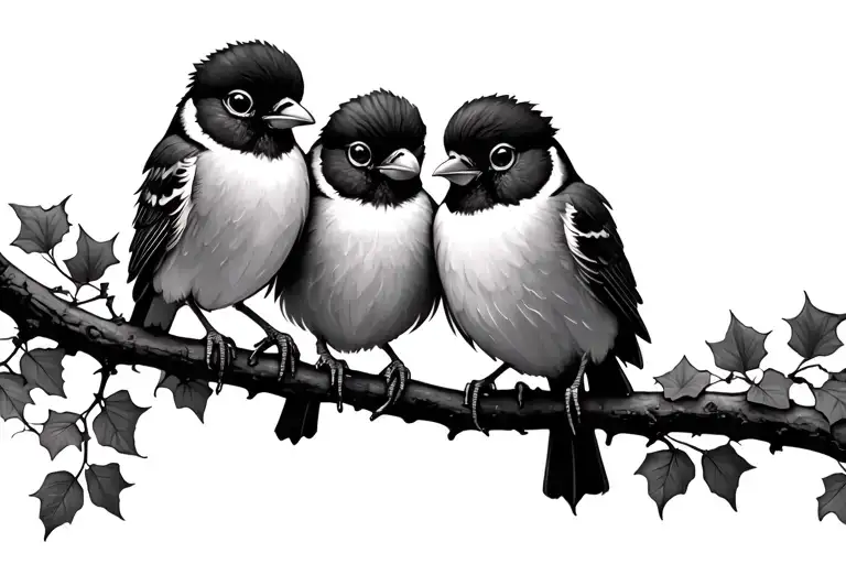 3 Fluffy Birds On Ivy Branch Facing Each Orher
