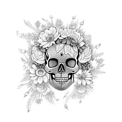 A Crystal Adorned Skull Surrounded By A Wreath Of Peonies And Daisies