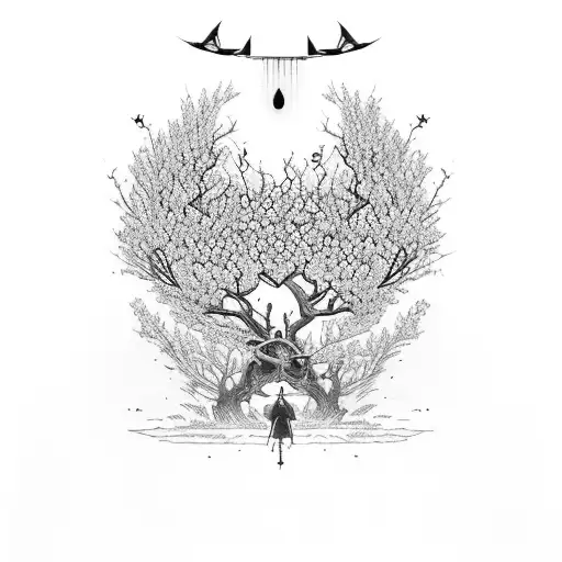 Samurai Standing Beside Tree With Red Blooms