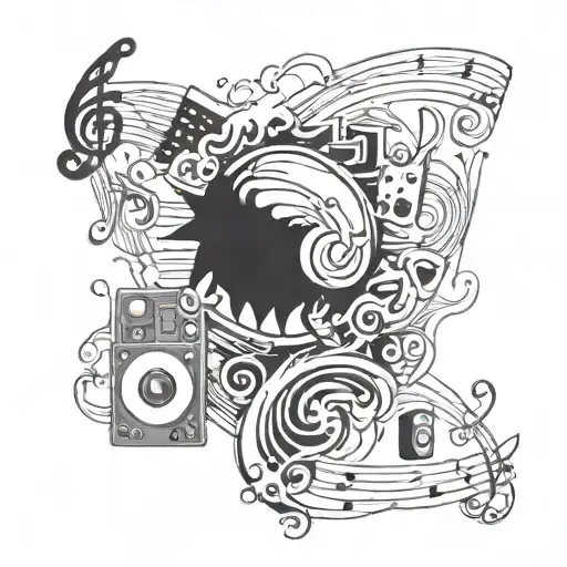 A Tattoo Design Combining Musical Notes And Anime Characters In A Video Game Setting