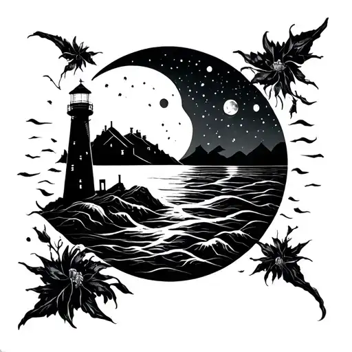 Black Out Sleeve With A Moon And A Lighthouse Shining