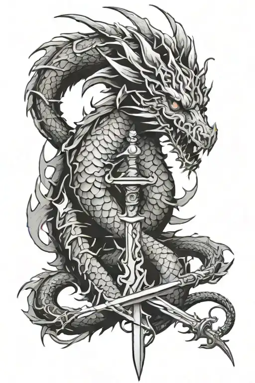 Spinal Tattoo Of A Dragon With A Sword Down The Middle