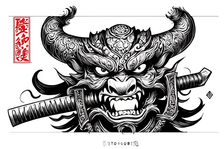 Oni Mask Biting In A Katana
