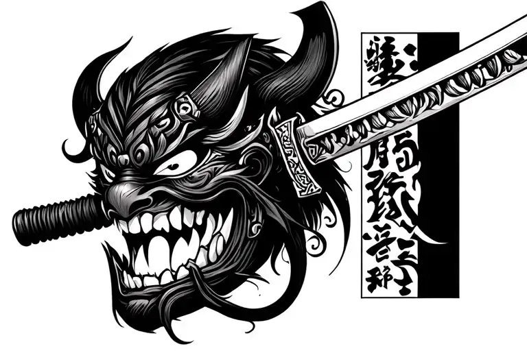 Oni Mask Biting In A Katana