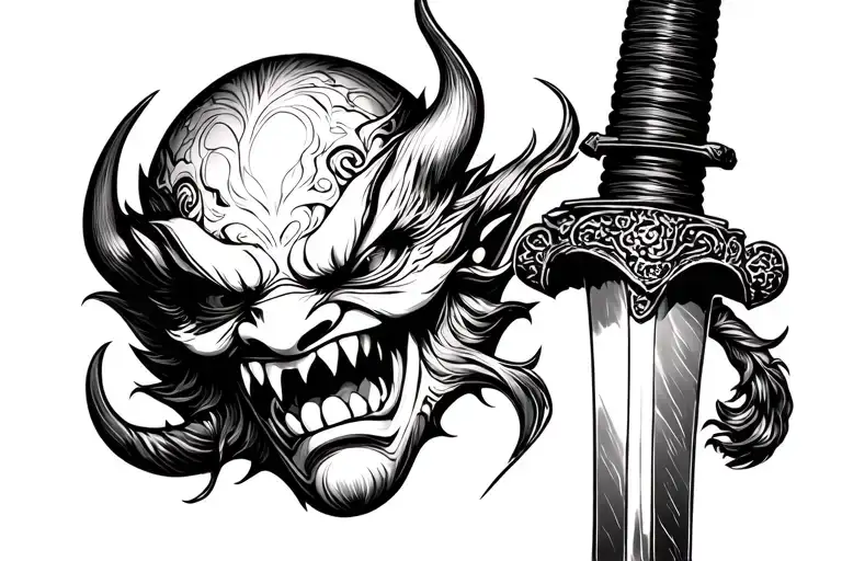 Oni Mask Biting In A Katana