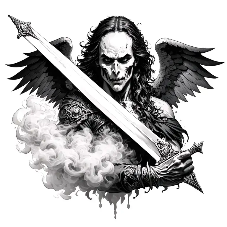 Foward Facing Evil Angel In Smoke Holding A Sword Point Down