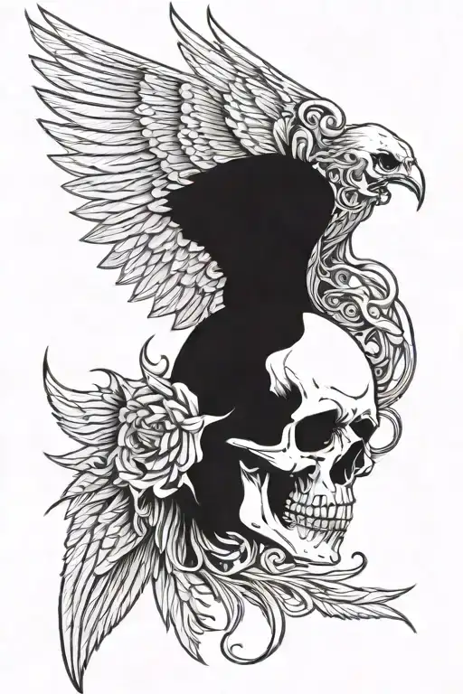 A Skull With Long Wings Attached To It Going Up The Shoulder