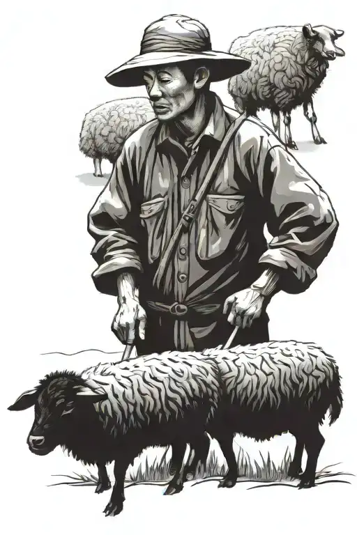Chinese Farmer With A Black Sheep
