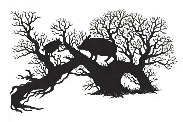 Timon Pumba And Stitch In Silhouette Walking Across A Fallen Tree