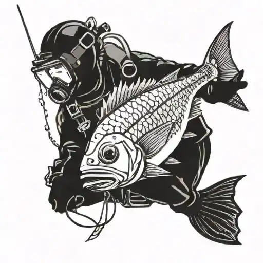 Diver With A Spearfish Suit Goggles Catching A Fish