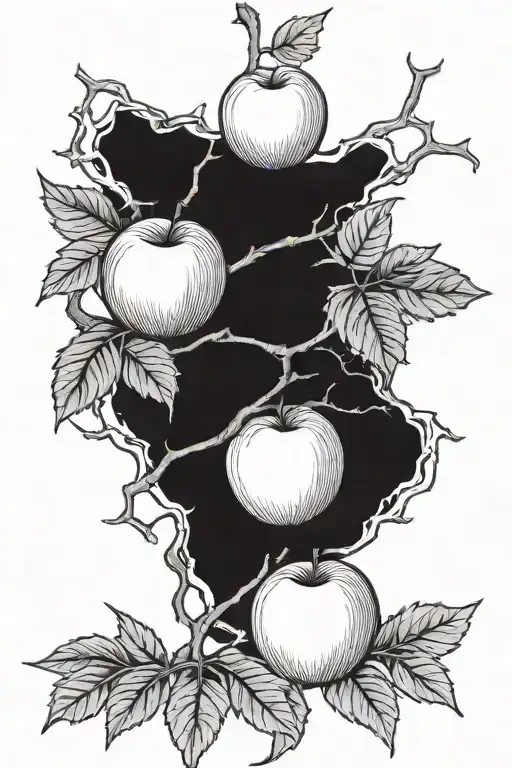 Thorn Branch Interwined With Shadows And Hidden Detailing Of Three Apples