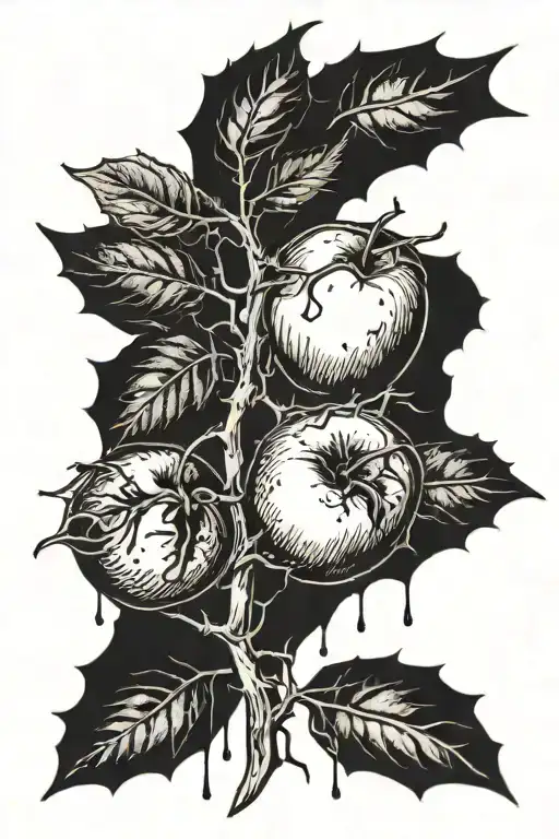 Thorn Branch With Shadows Dripping From It And Hidden Detailing Of Apples