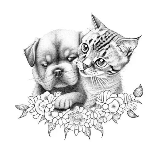 A Beautiful Blackwork Design Of A Dog And Cat Cuddling Among Blooming Flowers