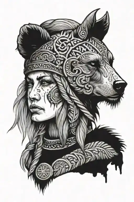 Viking Woman Wearing A Bear On Her Head And Her Face Covered With Viking Simbols