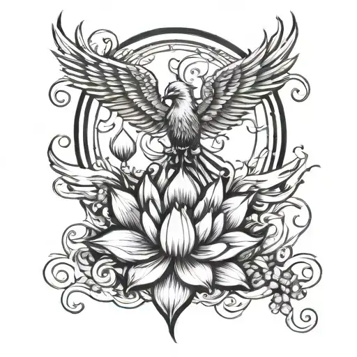 Phoenix And Lotus In Black And White Tattoo Design