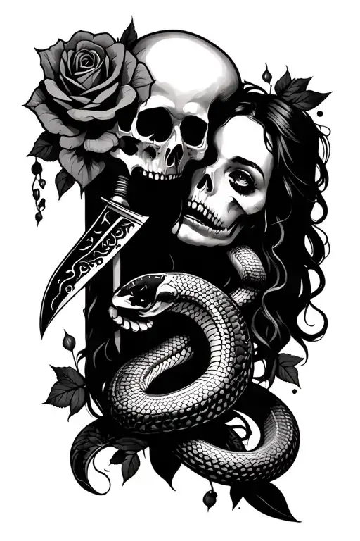 Skull With Snake And Roses With A Crying Woman Holding A Knife
