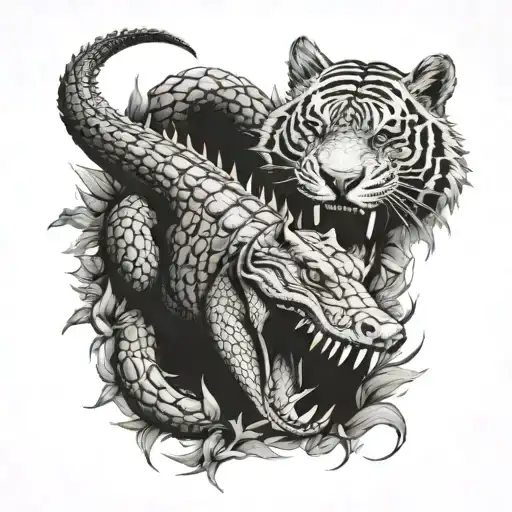 Crocodile And Tiger Next To Each Other