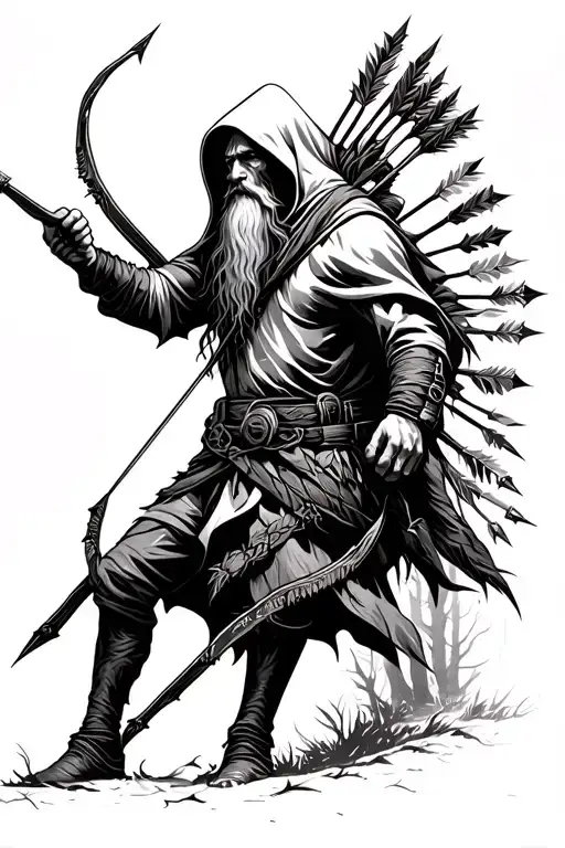 Hooded Archer With A Long Beard Wearing A Quiver Of Arrows Aiming Dark Forest Ambience