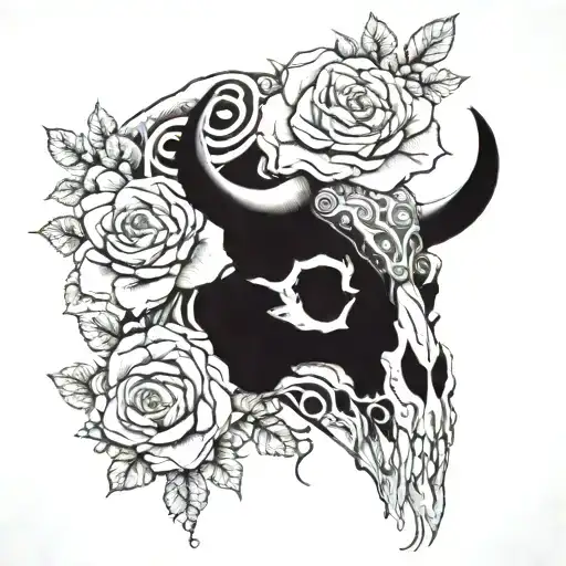 A Bison Skull With A Snake Running Through It And A Couple Of Roses