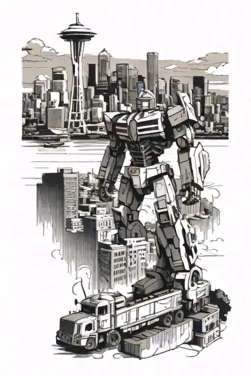 A Seattle Cityscape With A Towering Optimus Prime Overlooking The Skyline
