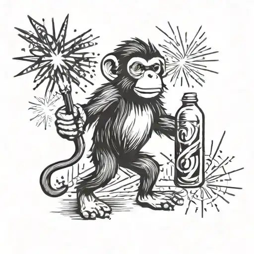 Sketch Monkey Walking With Fireworks Under One Arm And A Beer Bottle In The Other Hand
