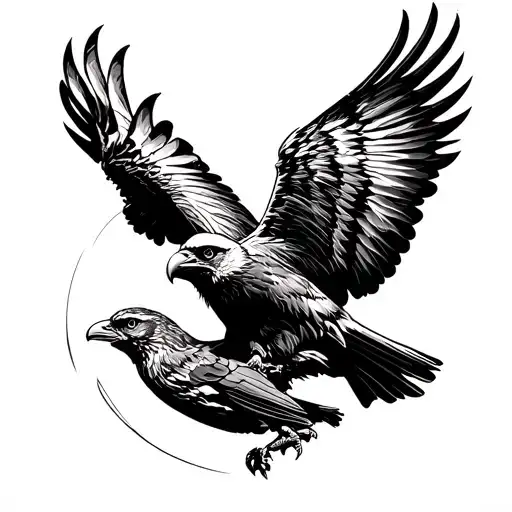 Sparrow Flying Away From An Eagle