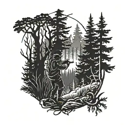 A Silhouette Of A Hunter Aiming A Bow In A Forest Setting