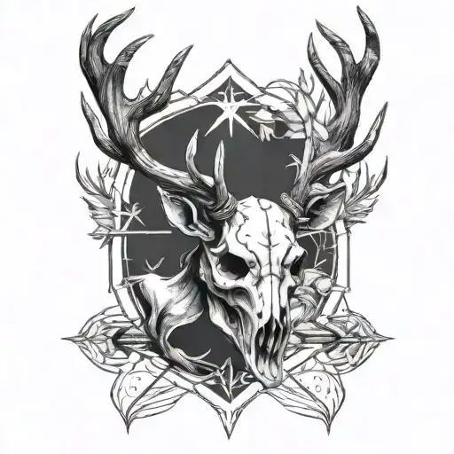 A Stylized Blackwork Tattoo Of A Deer Skull With Antlers Intertwined With Hunting Arrows