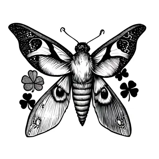 Black Traditional Moth And Shamrock Tatoo